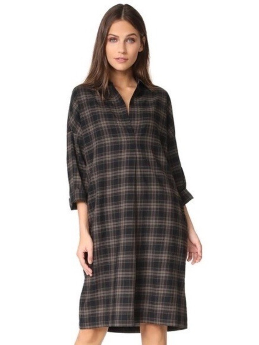 Vince Plaid Easy Pullover Cotton Dress in Military Size Small